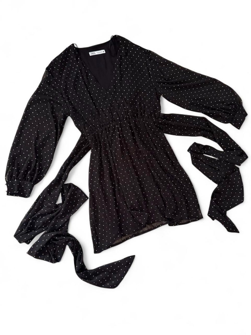 Zara Black Rhinestone Polka Dot Chiffon Mini Dress S